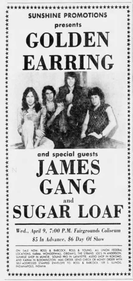 Golden Earring show ad for April 09 1975 Indianapolis - Fairgrounds Coliseum show.